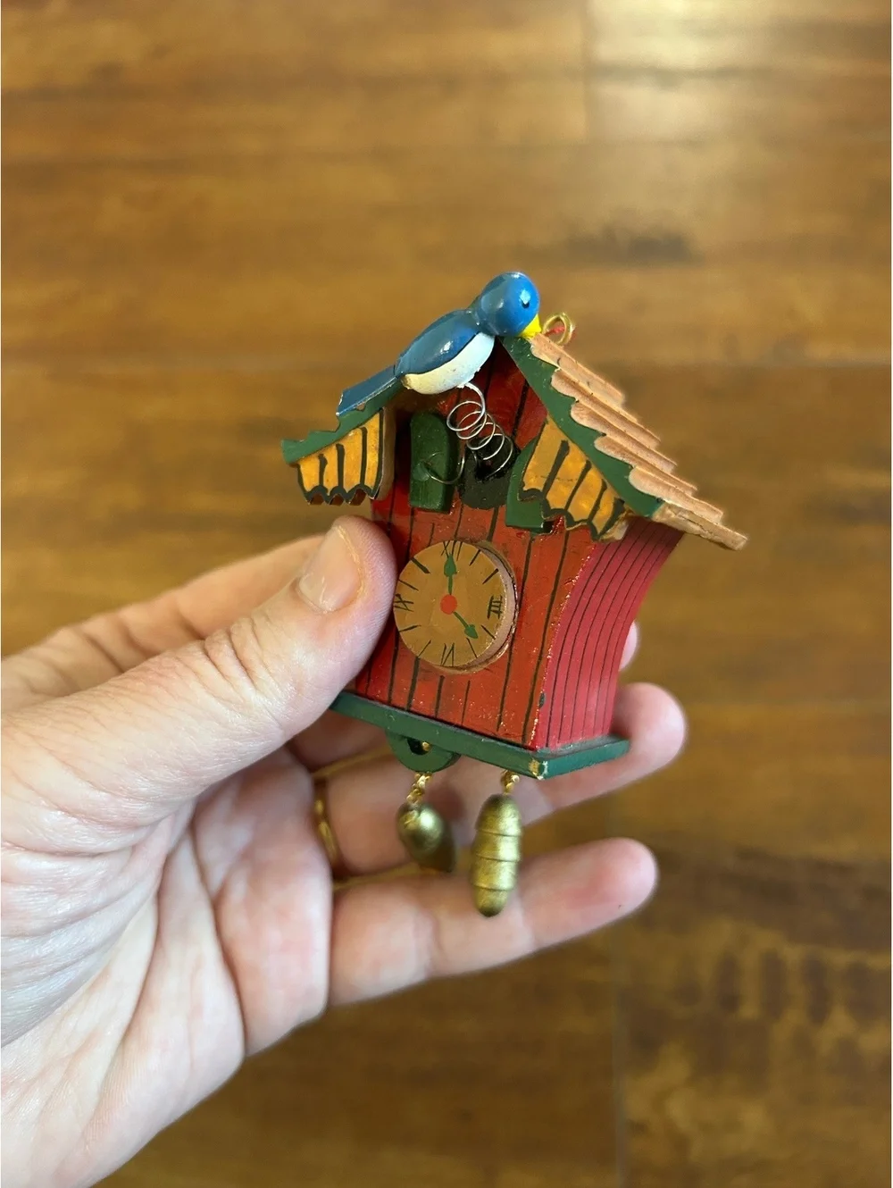 Miniature Wooden Cuckoo Clock Ornament with Blue Bird